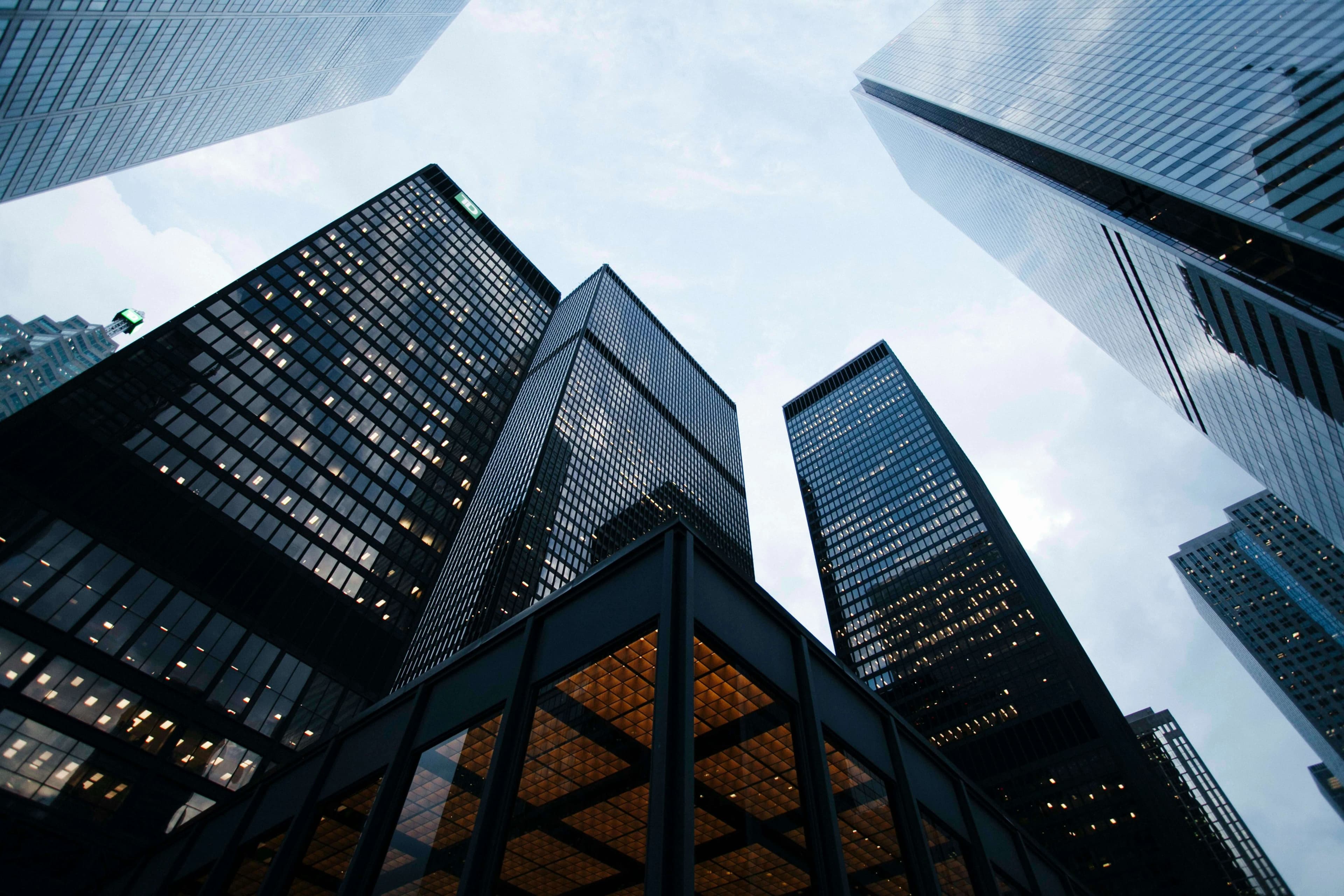 Sky scrapers as seen from the ground looking up